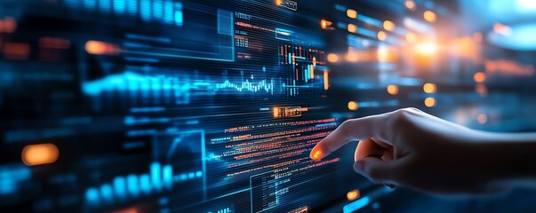 Business intelligence dashboard on a computer screen with an analyst evaluating performance metrics, KPIs, and database connections for finance, operations, sales, and marketing