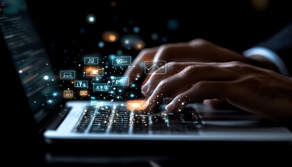 Businessman s hand using a laptop, displaying legal icons on the screen for online legal advice in labor law, focusing on legal consultation and services for businesses