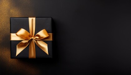 Black Gift Box with Gold Ribbon on Black Background. Top View of Graduation Gifts with Copy Space