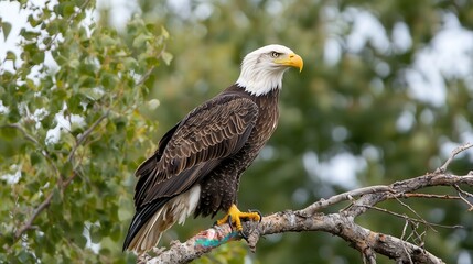 A bald eagle perched with its sharp gaze