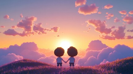 Chibi boy and girl under pastel sunset romantic atmosphere