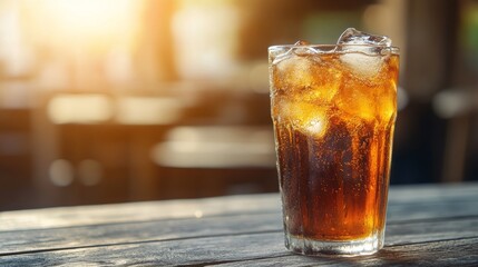 Refreshing Glass of Cold Beverage with Ice Cubes on a Wooden Table, Backlit by Warm Sunset Light, Perfect for Summer and Refreshment Themes in Stock Photography