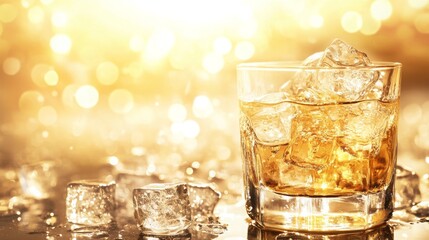 Refreshing Glass of Whiskey with Ice Cubes on a Golden Background, Capturing Luxury and Indulgence in a Soft, Elegant Atmosphere