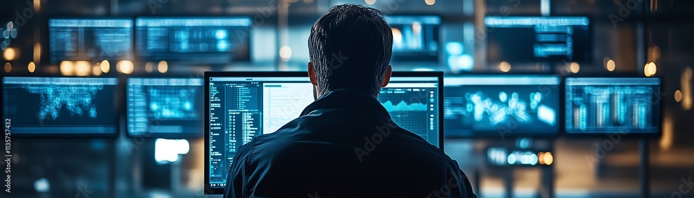 Poster hightech business data management system with an analyst using a computer to track kpis, metrics, an