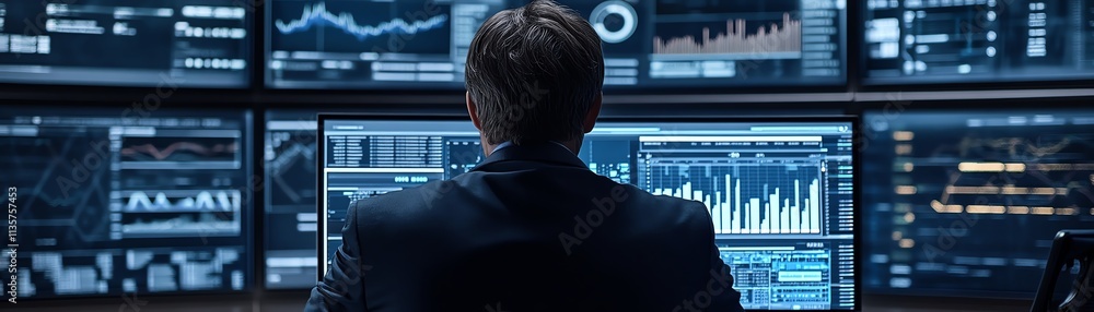 Poster hightech business data management system with an analyst using a computer to track kpis, metrics, an