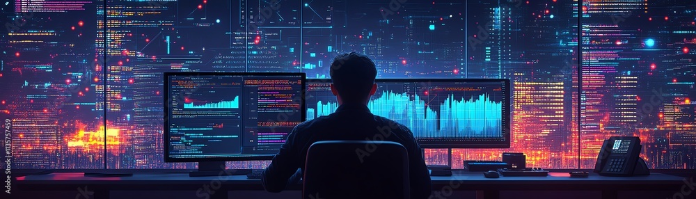 Poster hightech business data management system with an analyst using a computer to track kpis, metrics, an