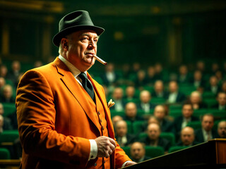 A commanding man in a classic suit delivering a powerful speech, an authoritative figure in vintage style exuding confidence and power behind a podium.