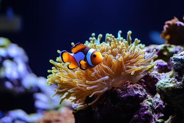 Vibrant clownfish near golden anemone. Ideal for marine life, ocean, and nature themes.