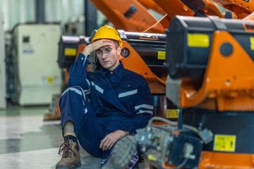 Stressed Factory Worker Resting on the Floor