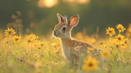 Fototapeta premium A young rabbit in a sunlit field of flowers, capturing the essence of nature's beauty.