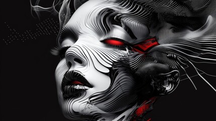 Intricate geometric shapes combined with doodle lines form an abstract face portrait, perfect for modern art prints, posters, and cards.