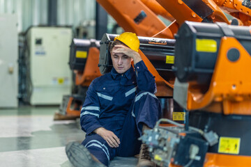 Stressed Factory Worker Resting on the Floor