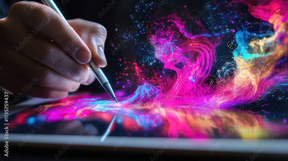 Poster a dynamic scene of a person using a stylus to create 3d digital artwork on a tablet, with vivid colo