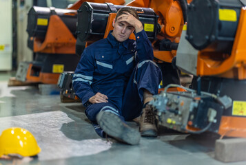 Stressed Factory Worker Resting on the Floor