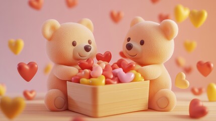 Adorable 3D render of cartoon bears sharing heartshaped candies