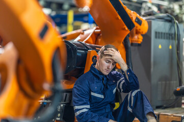 Stressed Factory Worker Resting on the Floor