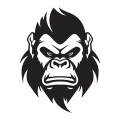 Bold black and white illustration of an angry gorilla head, featuring sharp lines and intense expression, perfect for logos or mascots, Wildlife Vector Designs.