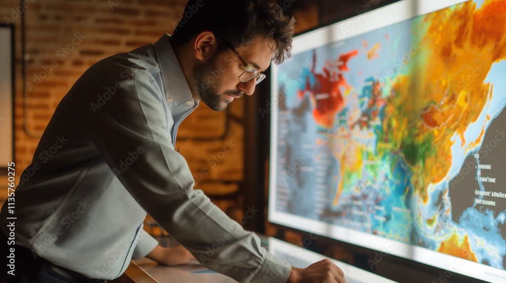 Poster a tech analyst at a standing desk reviewing security breach analytics displayed on an interactive 3d