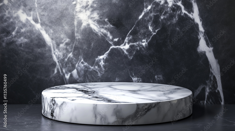 Poster elegant round marble display platform set against a dark textured backdrop