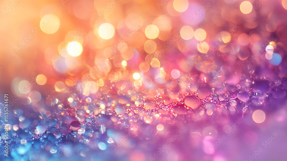 Poster colorful drops of water create a bokeh effect on a surface at dawn