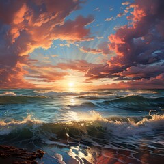 Fototapeta premium beautiful cloud patterns and sunsets on the sunlit ocean By Generated AI