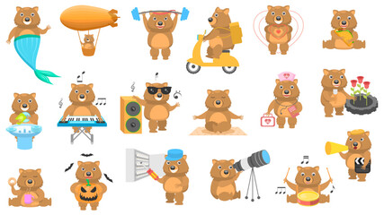 Fototapeta premium Big Set Abstract Collection Flat Cartoon Different Animal Wombats Vector Design Fauna Wildlife