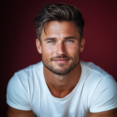 Obraz premium A man with a beard in a white T-shirt and smiling, on a burgundy background.