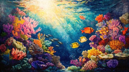 Fototapeta premium Underwater scene with vibrant coral and fish.