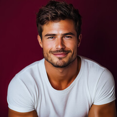 Obraz premium Handsome man with beard in white t-shirt and smiling, burgundy background.