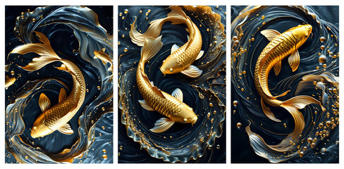  A captivating triptych featuring golden koi fish swimming gracefully in swirling water. The rich colors and intricate details create a luxurious and dynamic artwork.  