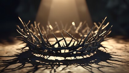 Fototapeta premium A close-up of a thorny crown, a symbol of suffering and sacrifice. The intricate details and dramatic lighting create a powerful and solemn image. 