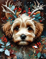 A cute puppy with a festive wreath adorned with antlers, berries, and pinecones. The puppy's big eyes and adorable expression make it a perfect Christmas-themed image. 
