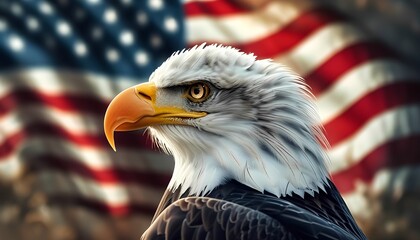 Naklejka premium A majestic bald eagle, a symbol of American freedom and power, is captured in a close-up portrait against the backdrop of the American flag. The image evokes a sense of patriotism and national pride. 