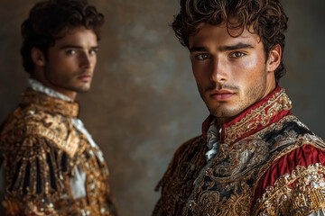 Obraz premium Brunette man on a gray background, close-up.