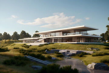 Obraz premium Aesthetically Pleasing Visual Representation of a Modern and Minimalist Building Enveloped by Verdant Landscape