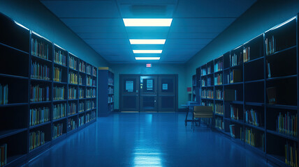 Interactive digital library with a diverse selection of e-books, displayed in a sleek, futuristic 3D space with vibrant lighting and modern design elements