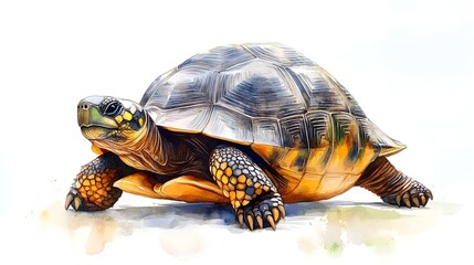 Obraz premium Realistic illustration of a turtle resting on a white background, showcasing intricate details of its shell texture and vibrant colors, perfect for nature and wildlife themes.