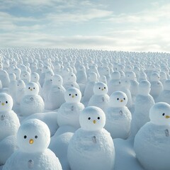 Many snowmen in snowy field. Winter landscape, Christmas concept.