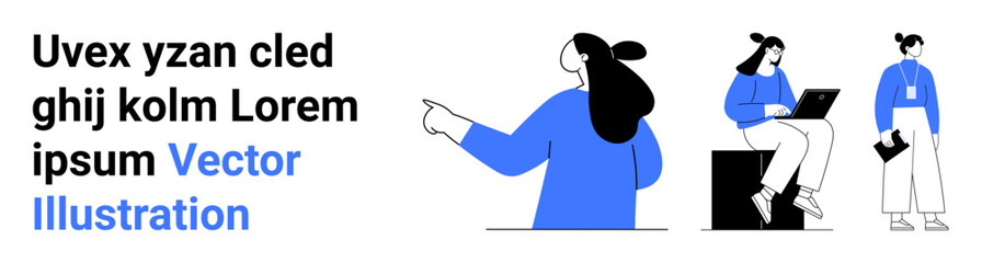 Three characters interacting with technology, one pointing, two using laptops. Ideal for teamwork, collaboration, productivity, tech use, modern office, education, social media. Banner for landing