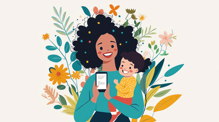 Mother and daughter with smartphone. Happy motherhood concept. Vector illustration