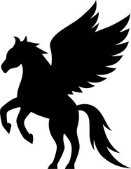 Vector image of a silhouette of a mythical creature of pegasus on a white background. Horse with wings on hind legs.