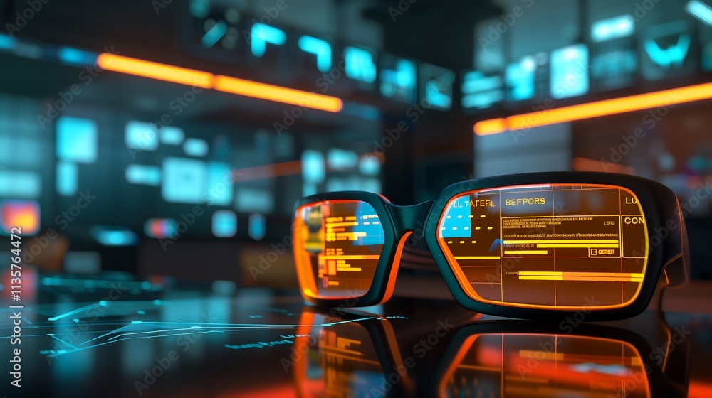 Poster immersive scene with augmented reality glasses projecting a dynamic software project timeline and a 