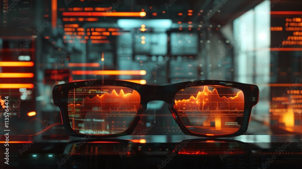 Poster immersive scene with augmented reality glasses projecting a dynamic software project timeline and a 