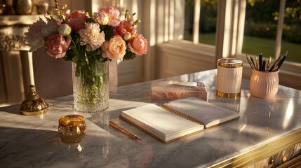 A serene workspace with a floral arrangement, notebooks, and writing tool.