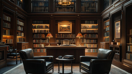 a modern home library with built-in bookshelves, a comfortable reading chair, and large windows for natural light. interior design