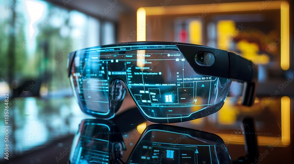 Poster immersive scene with augmented reality glasses projecting a dynamic software project timeline and a 