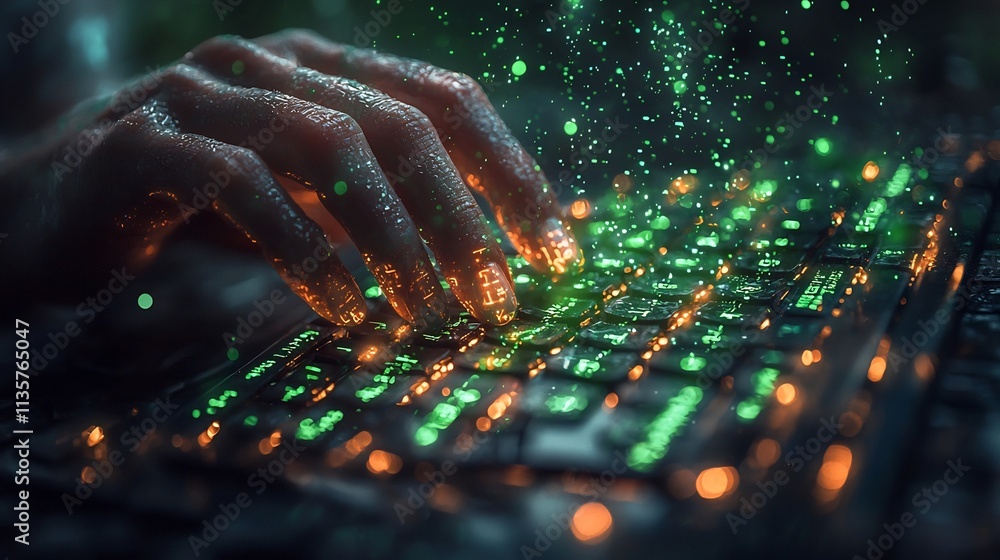 Poster hacker typing furiously on futuristic holographic keyboard with glowing green code