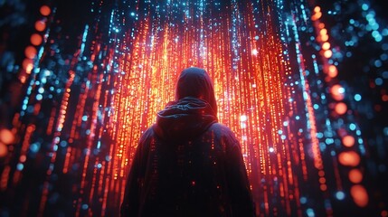 Hooded Hacker Confronting Glowing Cybersecurity Firewall in Digital Realm