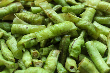 Green texture of long beans cut into small pieces.  Vigna unguiculata sesquipedalis