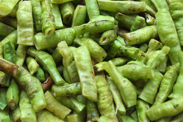 Green texture of long beans cut into small pieces.  Vigna unguiculata sesquipedalis
